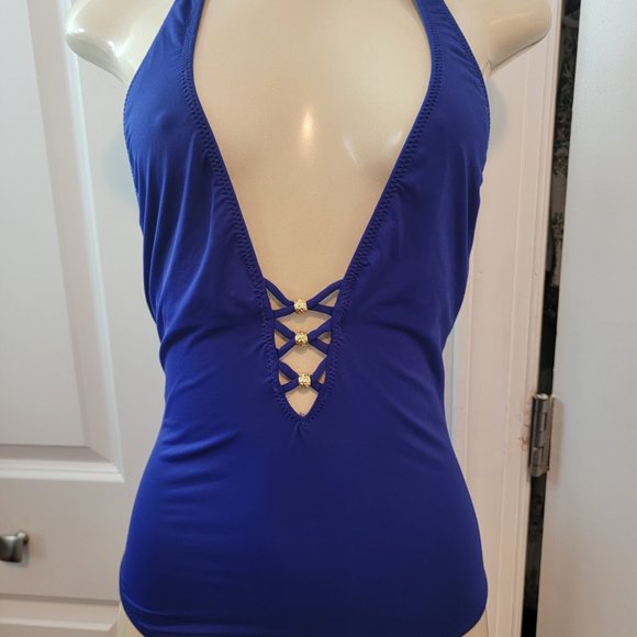 Trina Turk Algiers Deep V Neck Lattice Back Strappy Front One Piece - Picture 4 of 16